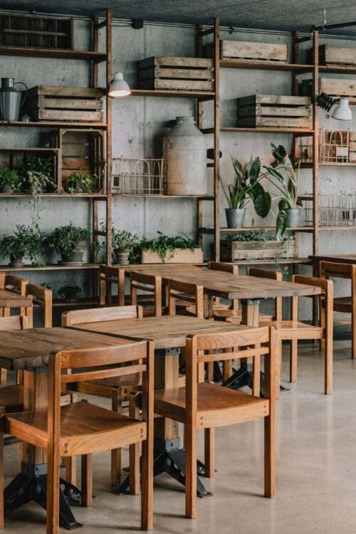 Wooden tables chairs shelves plants growing moody interior