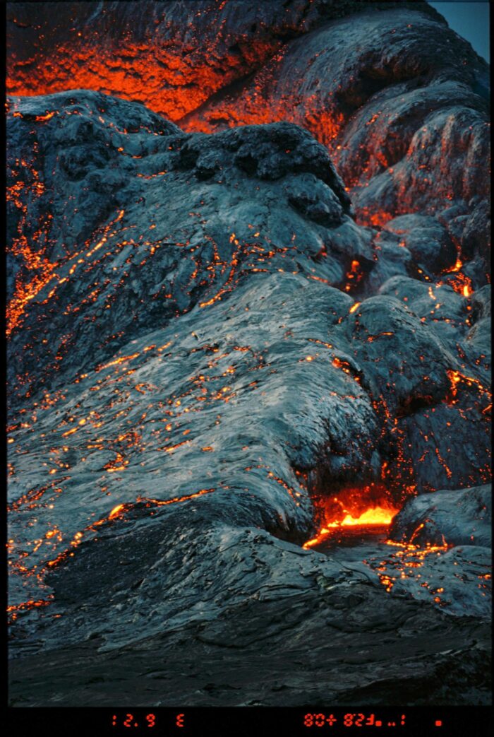 Analogue photography volcano in Iceland glowing lava