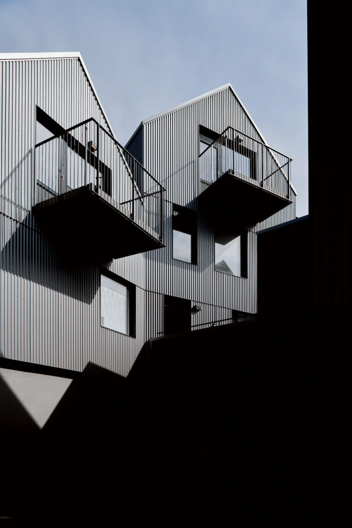 High contrast imge of balconies and metal cladding façade in Dvergur Apartments Iceland