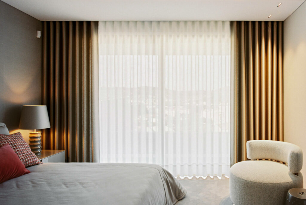 Bedroom with contemporary decoration rounded fabric chair and warm soft curtains