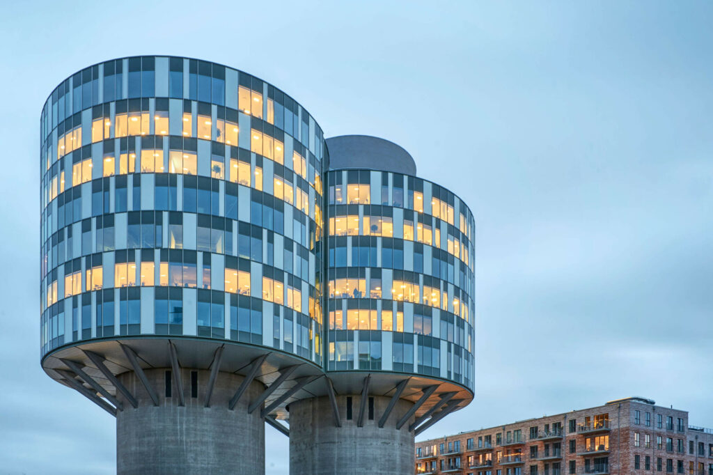 Post-modernist office towers in Copenhagen, Denmark with concrete base