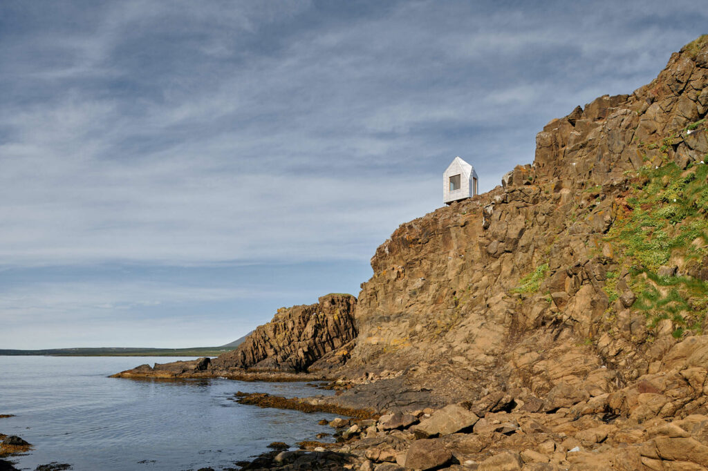 Modern architecture cabin at the edge of a cliff in Northern Iceland