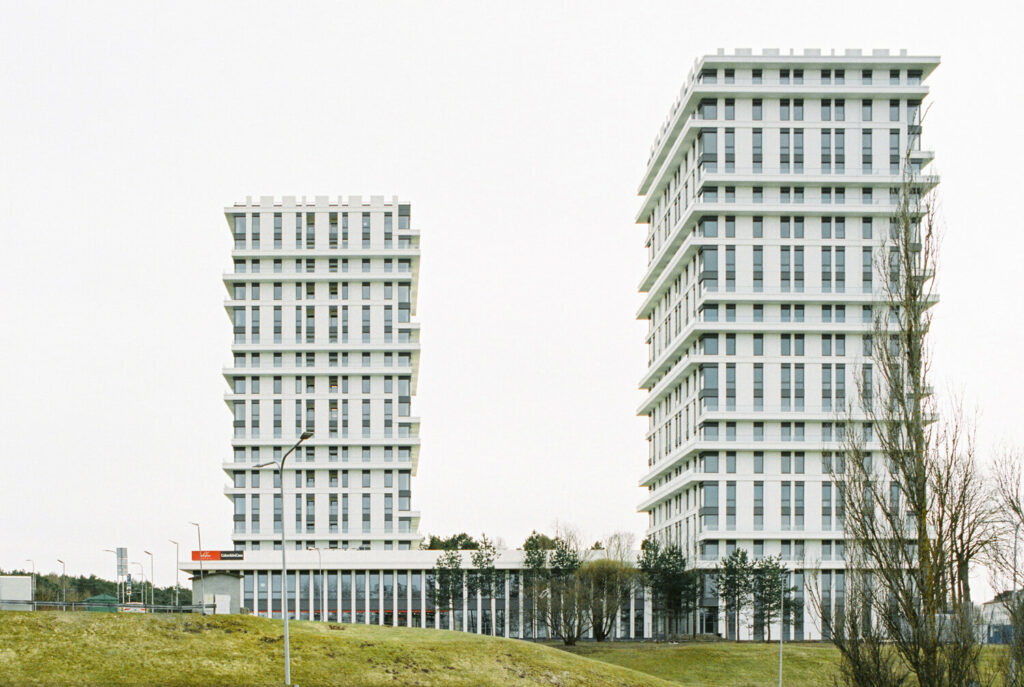 Twin towers in Tallinn, Estonia with large vertical windows