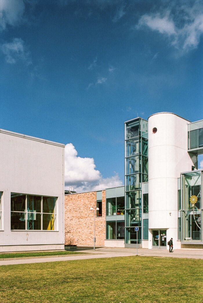 Bauhaus building in Tartu, Estonia with glass lift